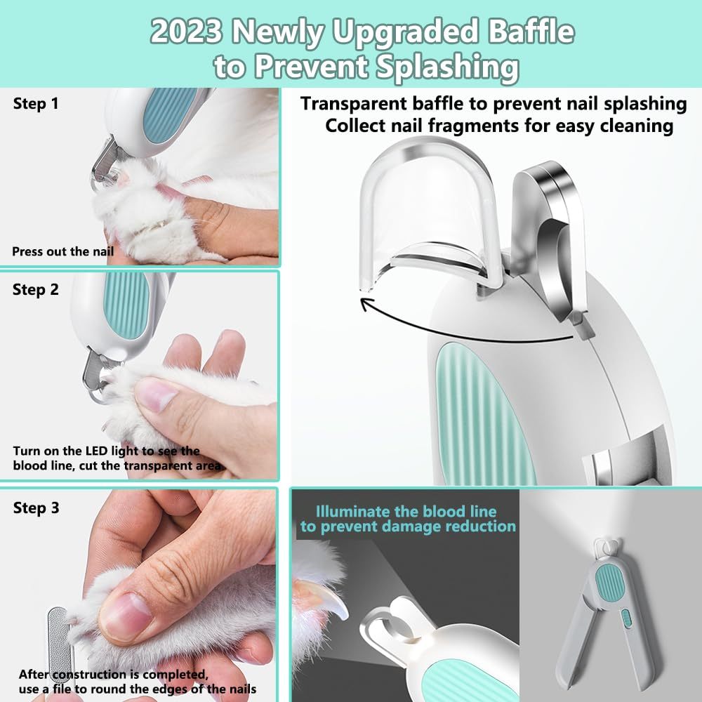 Nail clippers for dogs and cats with LED light and safe round cutting design