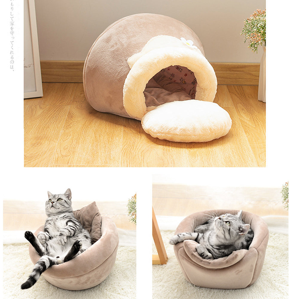 3-in-1 katten en hondenhuis in komvormige grot met zachte pluche bed