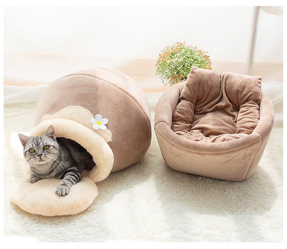 3-in-1 katten en hondenhuis in komvormige grot met zachte pluche bed