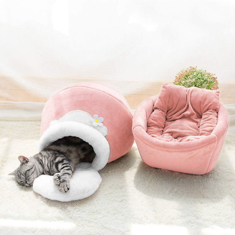 3-in-1 katten en hondenhuis in komvormige grot met zachte pluche bed
