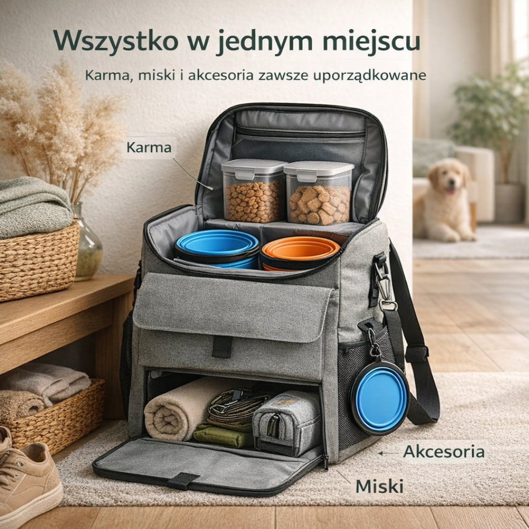 Plecak Podróżny dla Psa – Miska, Akcesoria i Smakołyki w Jednej Torbie