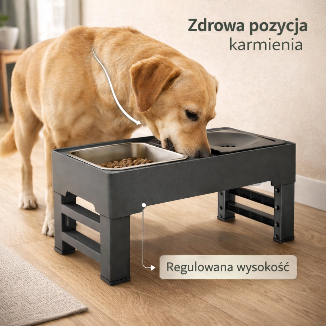 Podwójna Miska Stalowa dla Psa – Regulowana Wysokość, Zdrowy Kręgosłup