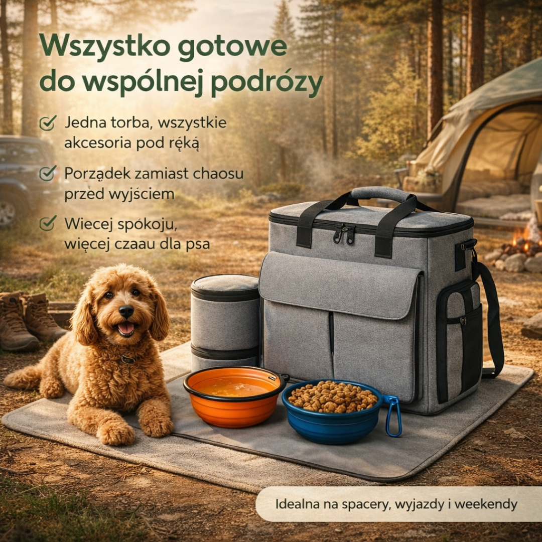Plecak Podróżny dla Psa – Miska, Akcesoria i Smakołyki w Jednej Torbie